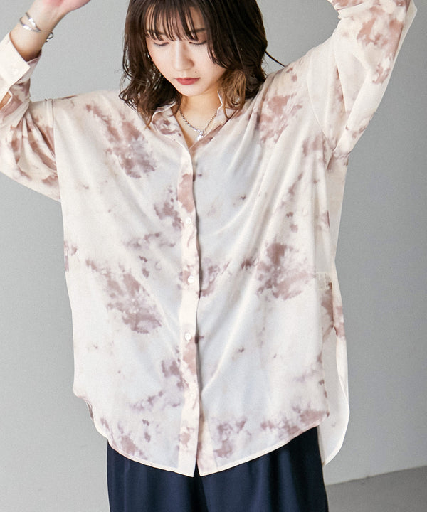 Fashion Letter タイダイ柄バンドカラーシアーシャツ ブラウン