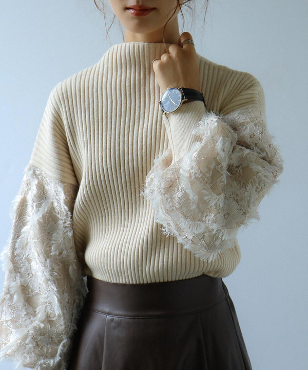 Fashion Letter ぽわん袖リブニットプルオーバー 長袖 ベージュ