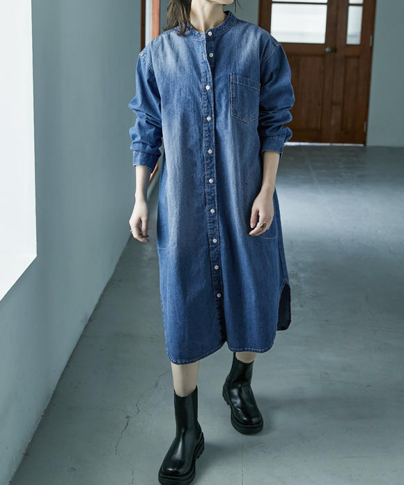 Fashion Letter ヴィンテージ加工デニムワンピース ブルー