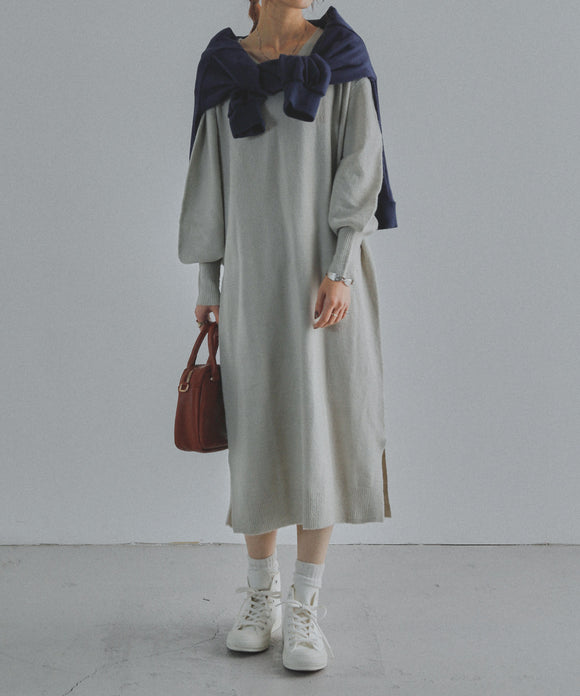 Fashion Letter 7GGVネックニットワンピース ライトグレー