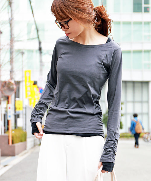 Fashion Letter フェイクレイヤードロングTシャツ グレー