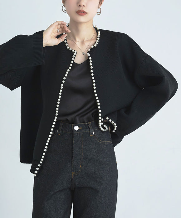 etoll. P100 パール付カーディガン ブラック
