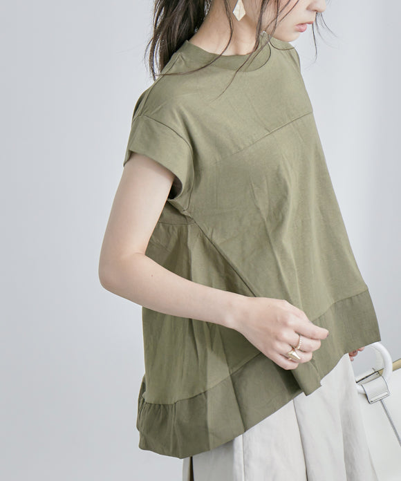 Fashion Letter 裾切り替えフレアカットソー カーキ