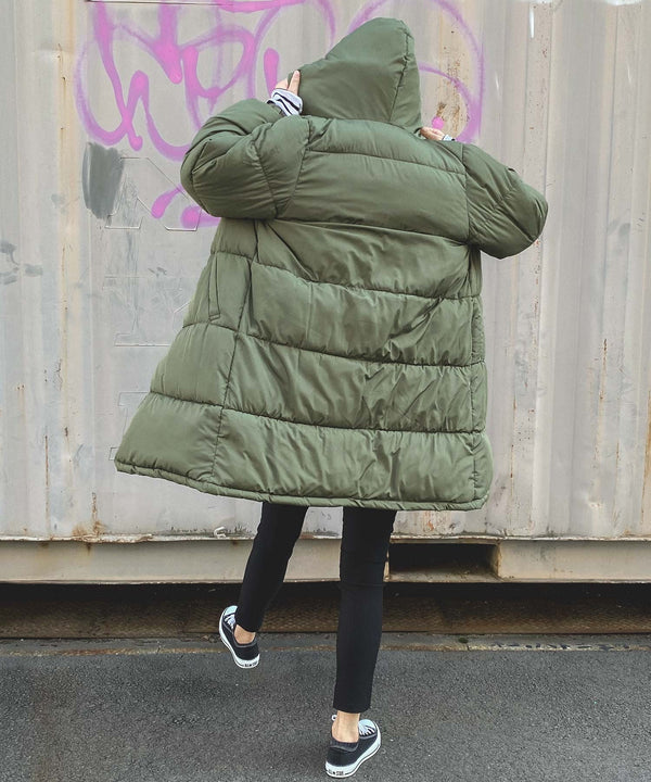 Fashion Letter アウトポケットフーディロングダウン ライトカーキ