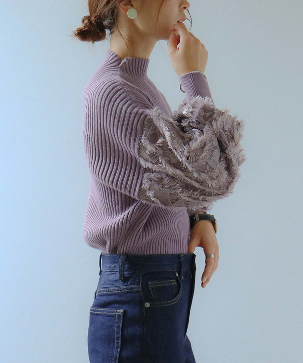 Fashion Letter ぽわん袖リブニットプルオーバー 長袖 ラベンダー