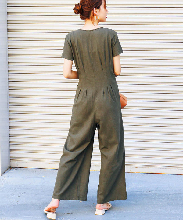 Fashion Letter ウエストタック ジャンプスーツ カーキ