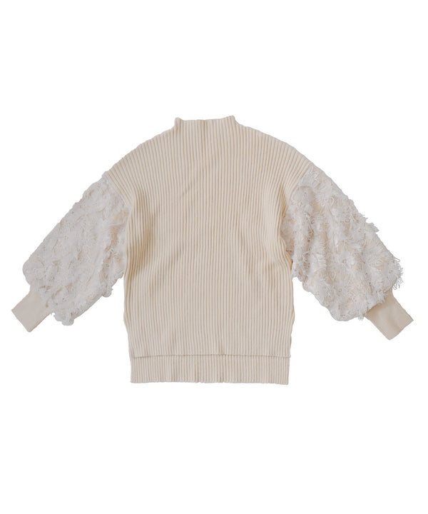 Fashion Letter ぽわん袖リブニットプルオーバー 長袖 ベージュ