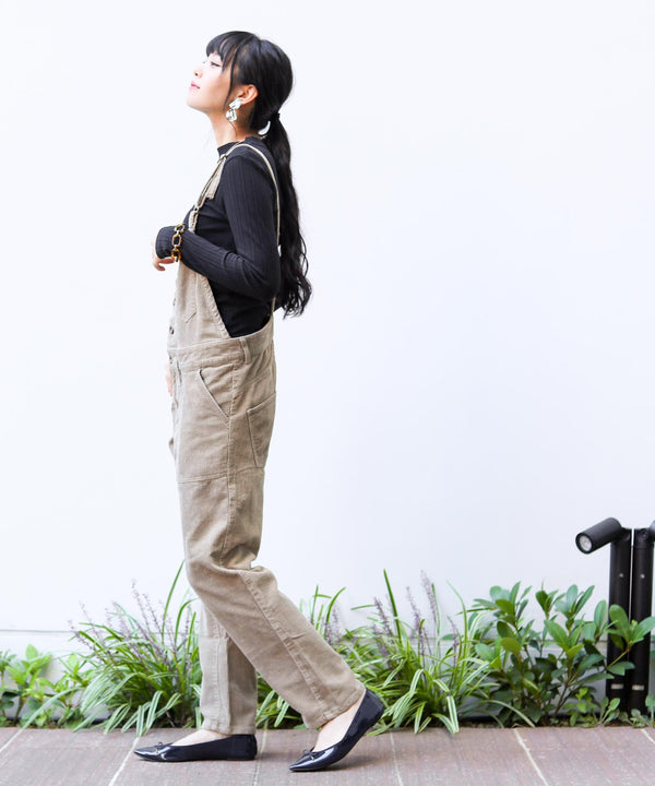 Fashion Letter コーデュロイワイドサロペマキシパンツ ベージュ