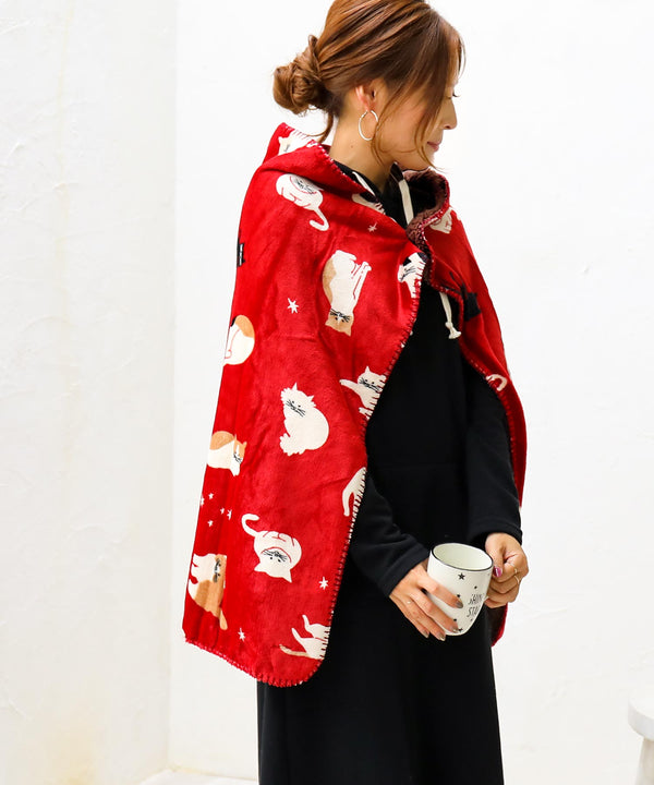 Fashion Letter スワンネル3WAYひざ掛け ネコ・ワイン