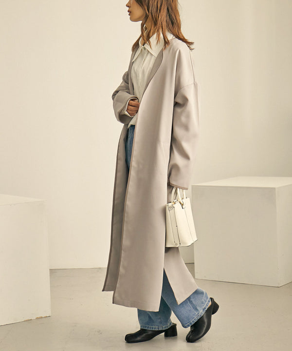 Fashion Letter パイピングノーカラーガウンコート グレージュ