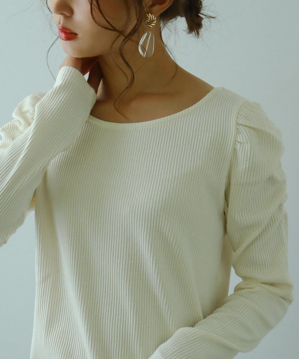 Fashion Letter カットリブパフショルダーカットソー アイボリー