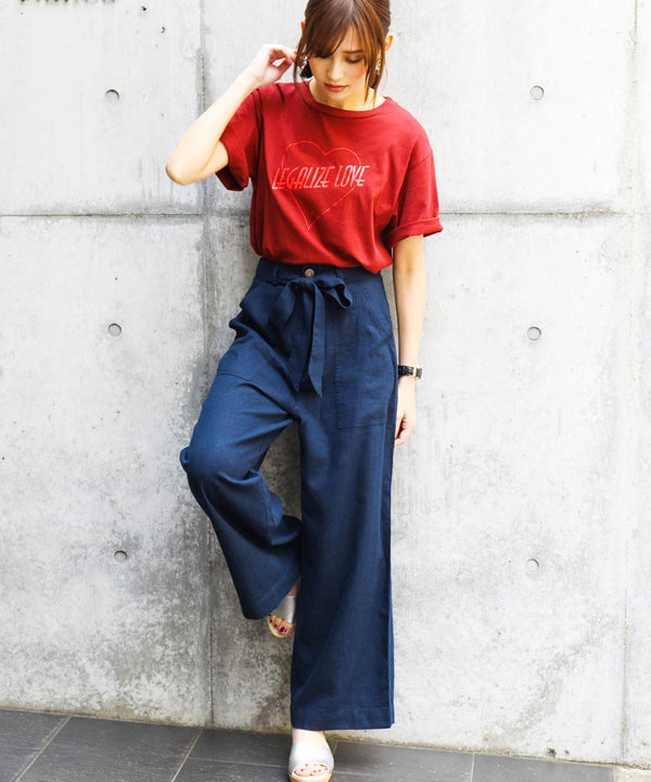 Fashion Letter リネン&デニム ワイドパンツ ネイビー