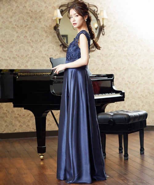niana トップスレースシャンタンロングドレス ネイビー