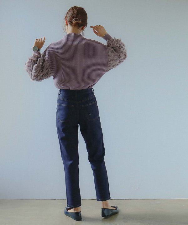 Fashion Letter ぽわん袖リブニットプルオーバー 長袖 ラベンダー