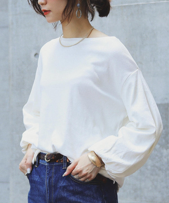Fashion Letter ロングパフスリーブカットソー オフホワイト