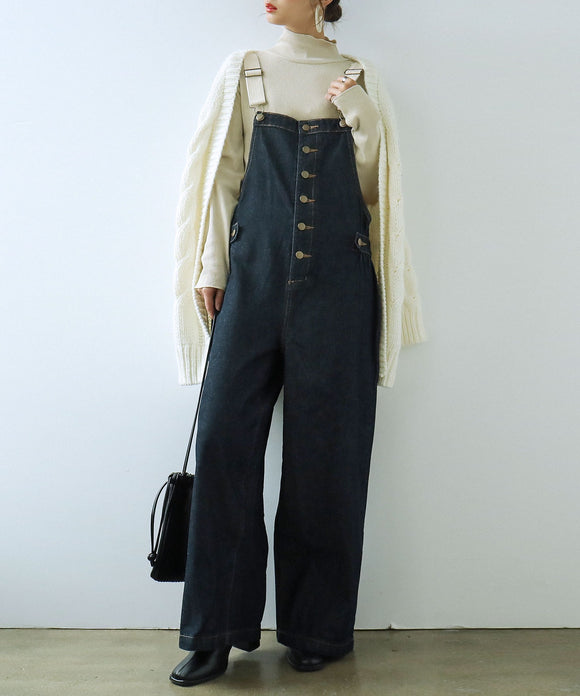 Fashion Letter 配色ショルダー切替デニムサロペット ワンウォッシュネイビー