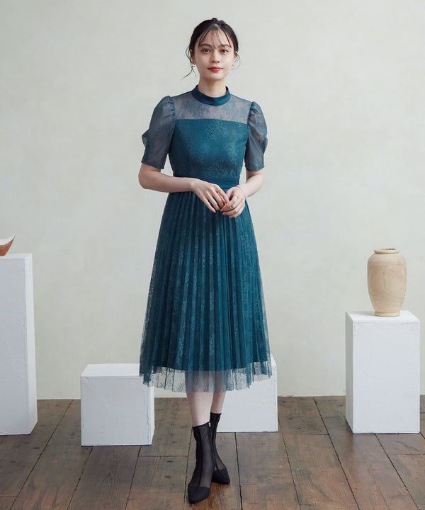 niana バックサテンジョーゼット×ラッセルレースドレス ブルー