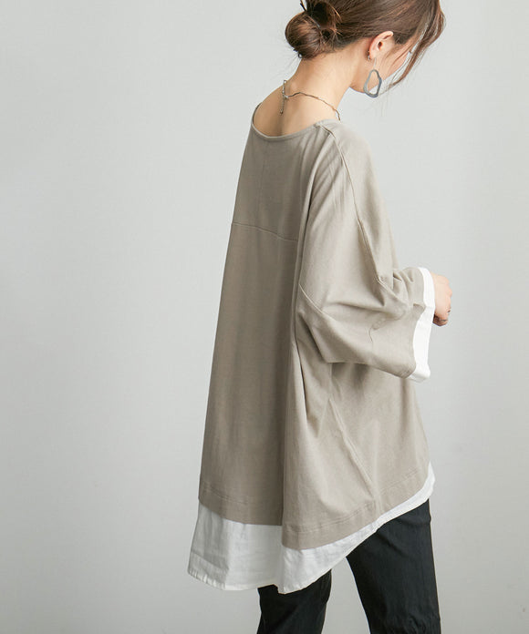 Fashion Letter レイヤードクルーネックTシャツ グレージュ