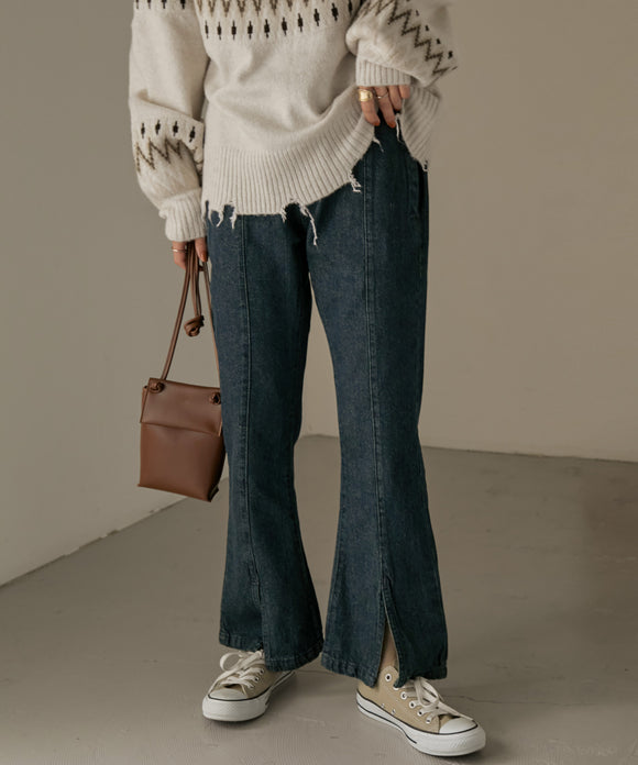 Fashion Letter センタースリットデニムパンツ ワンウォッシュネイビー