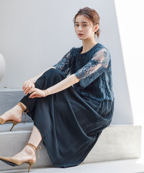 niana サイドプリーツレースワンピース ネイビー