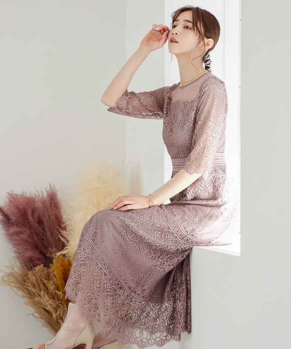 niana ドット×アンティークレースドレス ダークピンク