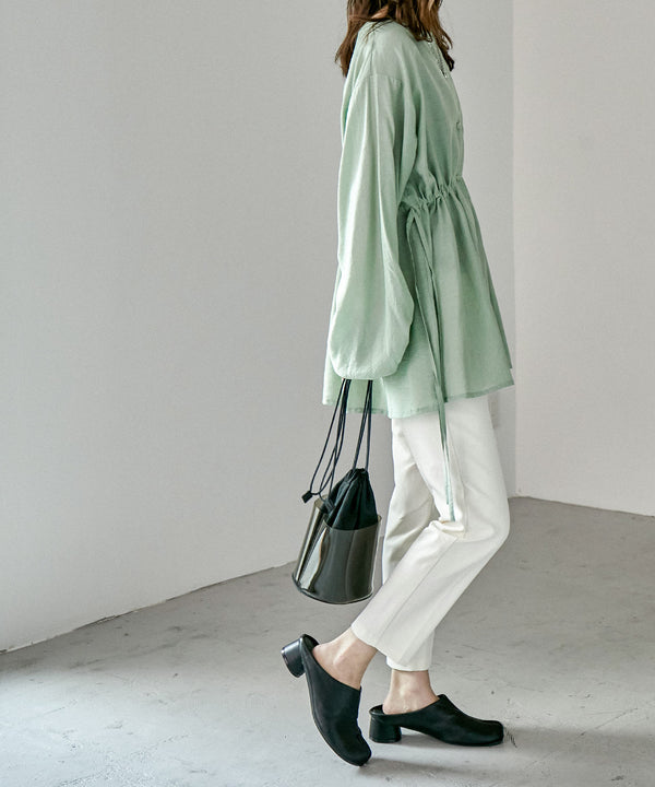 Fashion Letter ウエストギャザーサテン風シアーブラウス ミント